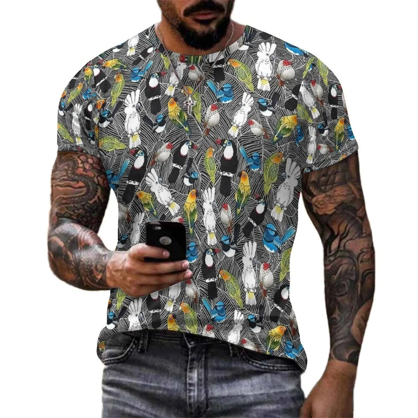 Australian Wild Parrot Mix Print T Shirt Fashion T-Shirts Man Casual Tshirt Premium Short Sleeves Graphic Clothing Large Size