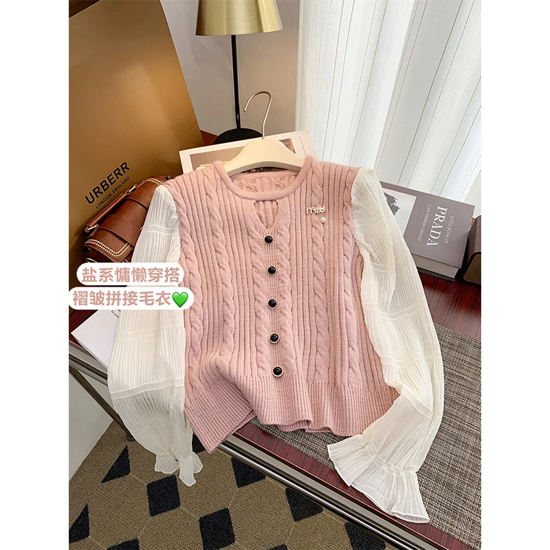 

Chiffon Sleeve Splicing Fake Two Sweaters For Women 2024 Autumn And Winter New Loose Age Reduction Fashion Sweater Sweater Base