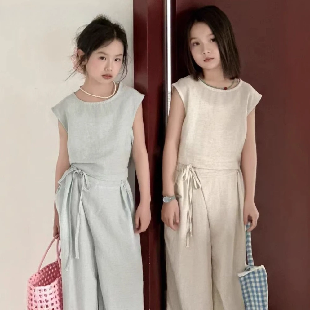 Summer New Solid Color Casual Basic Suit Daily Wear Sleeveless Vest+wide Leg Pants Two-piece Set for Girls