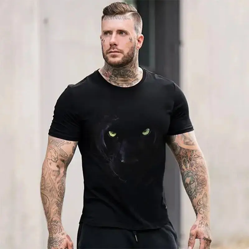 Summer new men's large casual short sleeve T-shirt advanced sense pullover round neck 3D digital black panther print street shir