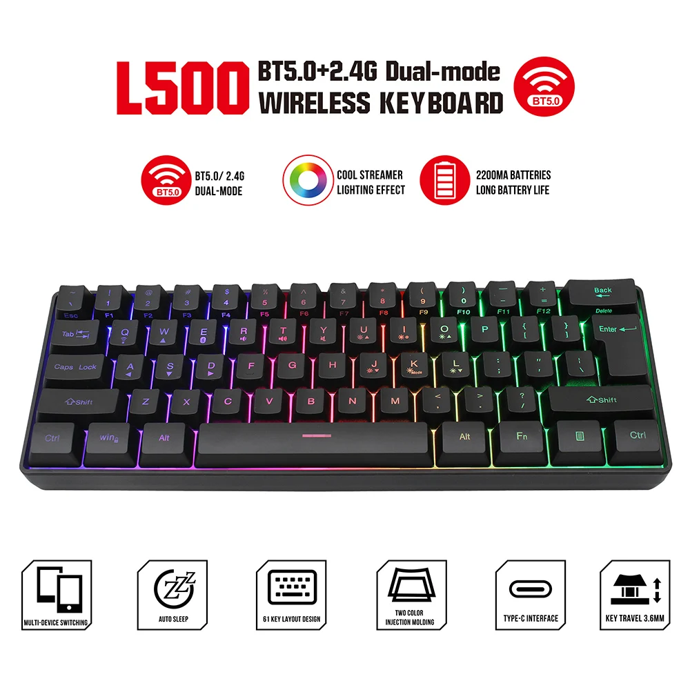 Wireless Gaming Keyboard 2200mAh LED Backlit Mini 61 Keys Keyboard Bluetooth Wireless Dual Modes Gamer Keyboard For PC laptop