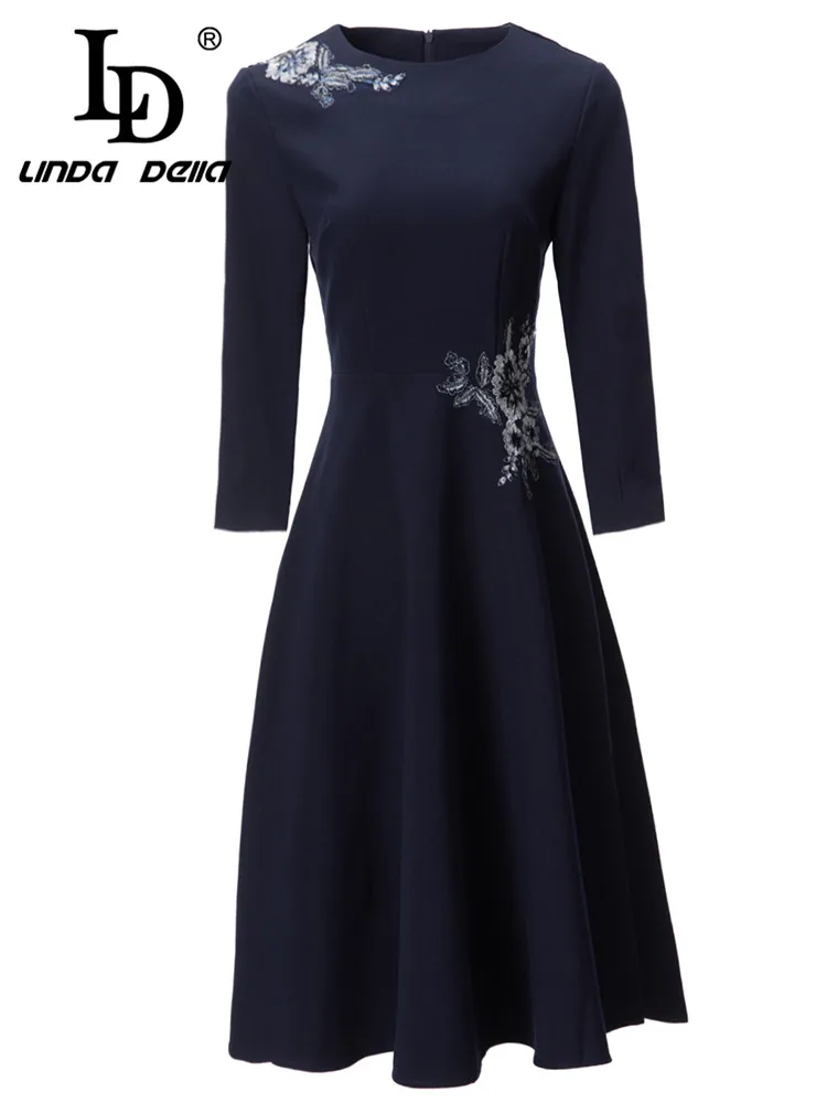 

LD LINDA DELLA New Style Autumn and winter Vintage Dress Women's Round Neck High Waist Splice Embroidery Navy blue Draped Dress