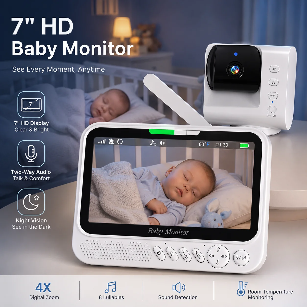 7,0 Zoll Video-Babyphone mit Schwenk-Neige-Funktion 4-fach Zoom PTZ-Kameras Zwei-Wege-Audio Nachtsicht Sicherheits-Babysitter VOX-Aktivierung USB-Aufladung