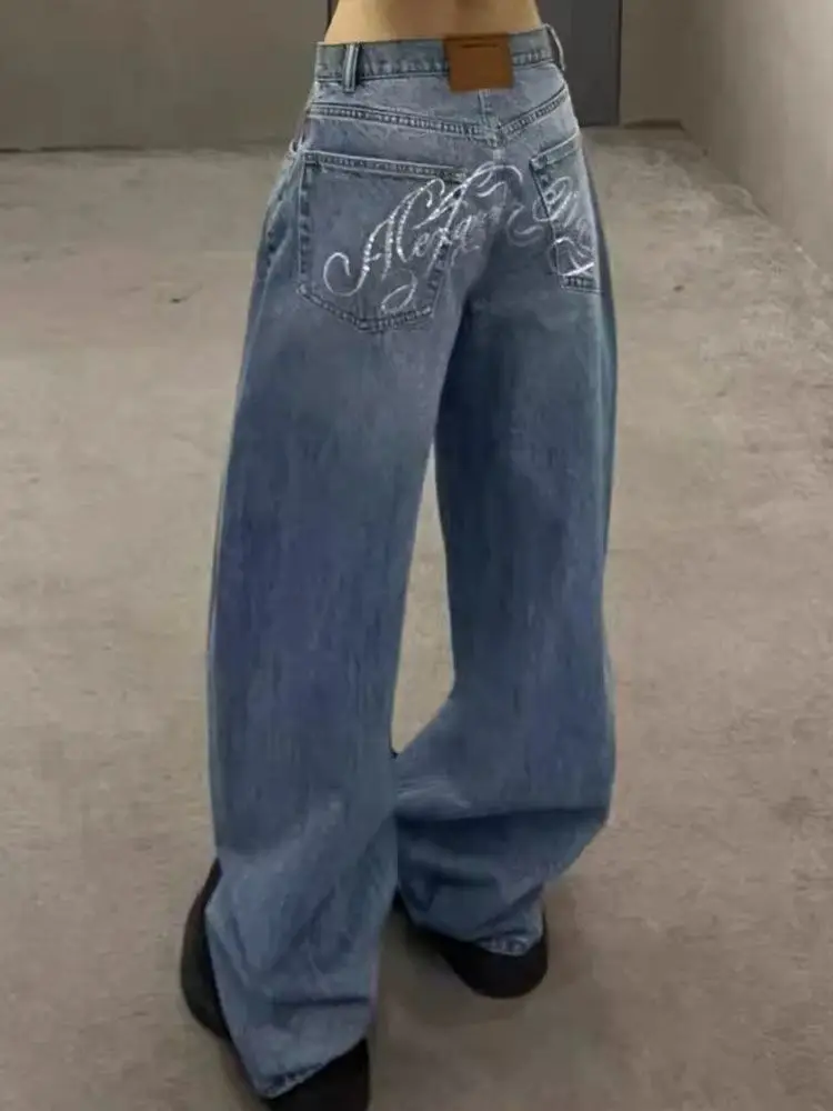Gradient Spring 2026 Casual Blue Jeans Women Y2K Vintage High Waisted Jeans Straight Streetwear Loose Large Wide Leg Denim Pants
