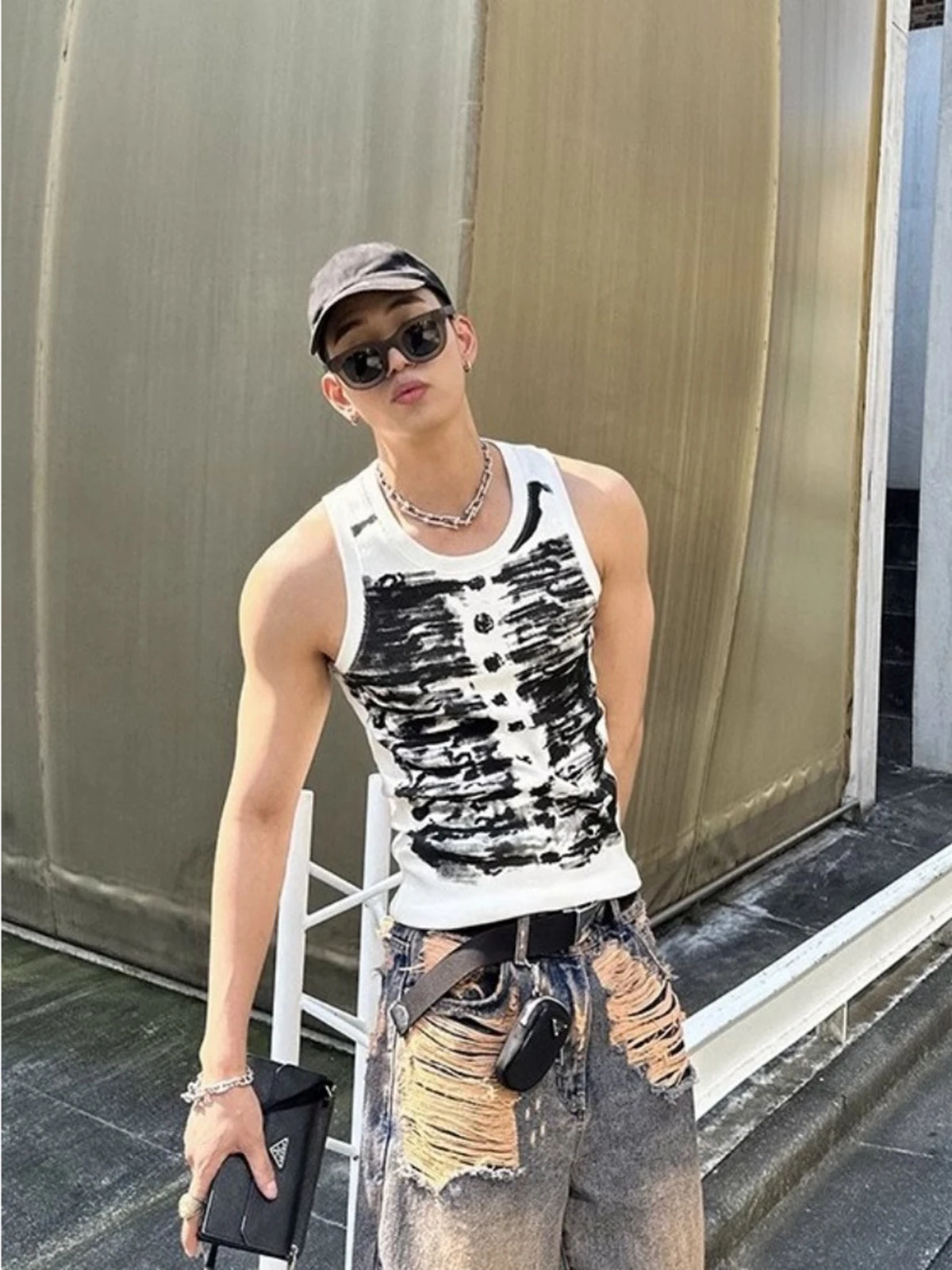 

Black Brushstroke Skeleton Print Tank Top Men Summer Trendy Slim Fit Urban Streetwear Sleeveless T-Shirt Edgy Graphic Tee