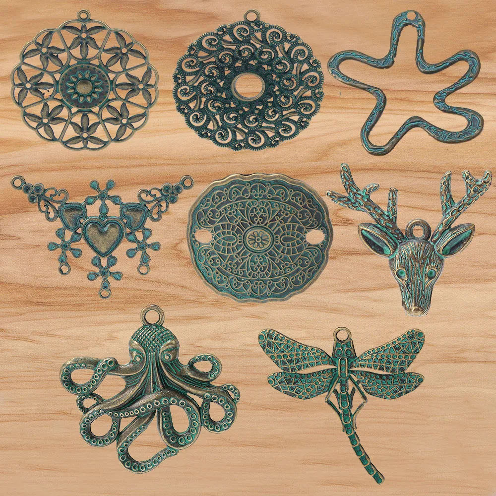 5 Pieces Large Green Verdigris Patina Snowflake/Octopus/Dragonfly/Wings Charms Pendants for Necklace Jewelry Making Accessories