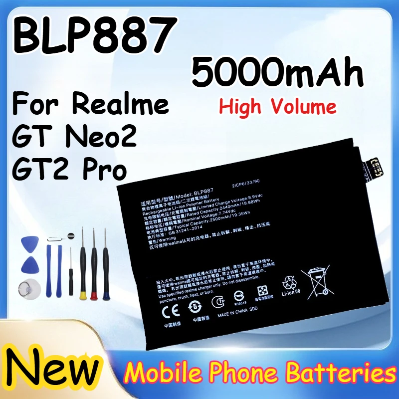 

Phone Battery for Realme GT Neo2/GT2 Pro/GT Neo 3/3T 5000mAh BLP887 Large Capacity Replaceable Lithium Battery +Tools