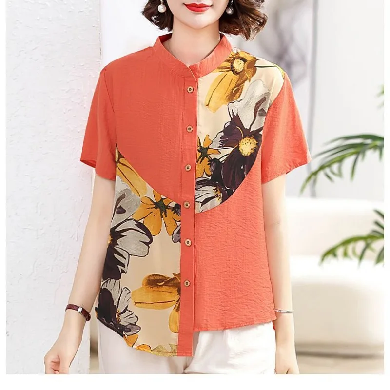 

Women's 2024 Summer New Commute Round Neck Cardigan Button Printed Blouses Short Sleeve Spliced Asymmetric Loose Fashion Shirt