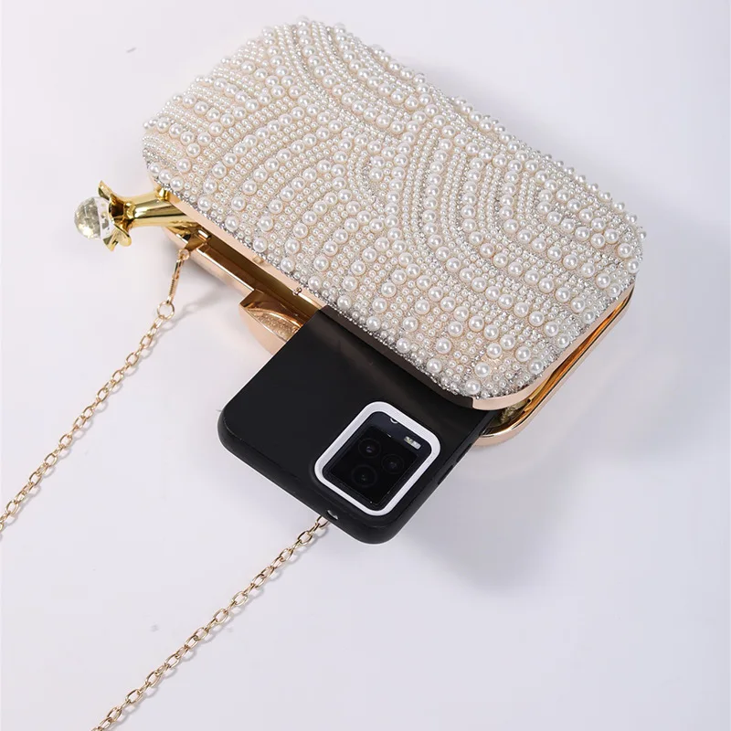 Ladies Pearl Elegant Evening Bag Fashionable Stylish Beading Wedding Dinner Party Banquet Dress Clutch Bag with Long Chain