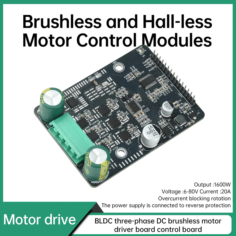 DC 6-80V 1600W BLDC Three Phase DC Brushless Motor Controller 50A PWM Motor Driver Board Motor Regulator No Hall Power Supply