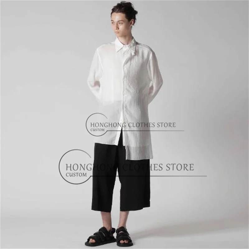 2025New single-breasted double-collar design medium-length shirt made of cotton and linen, long-sleeved, loose and irregular hem