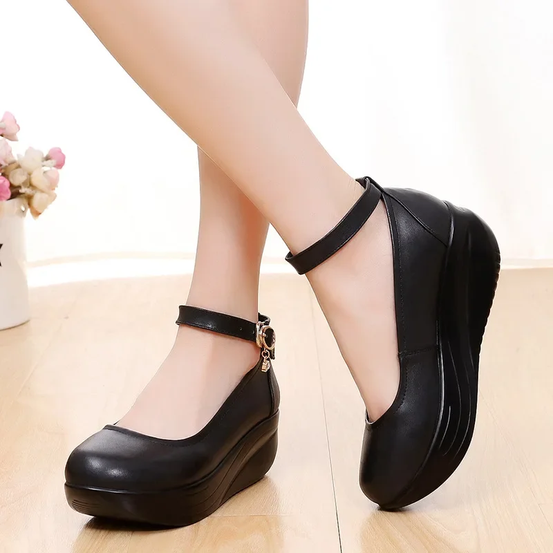 5.5cm Small Plus Size 33-43 Comfortable Leather Shoes Women Mary Janes 2024 Thick Bottom Platform Wedges Shoes Mom Office Dance