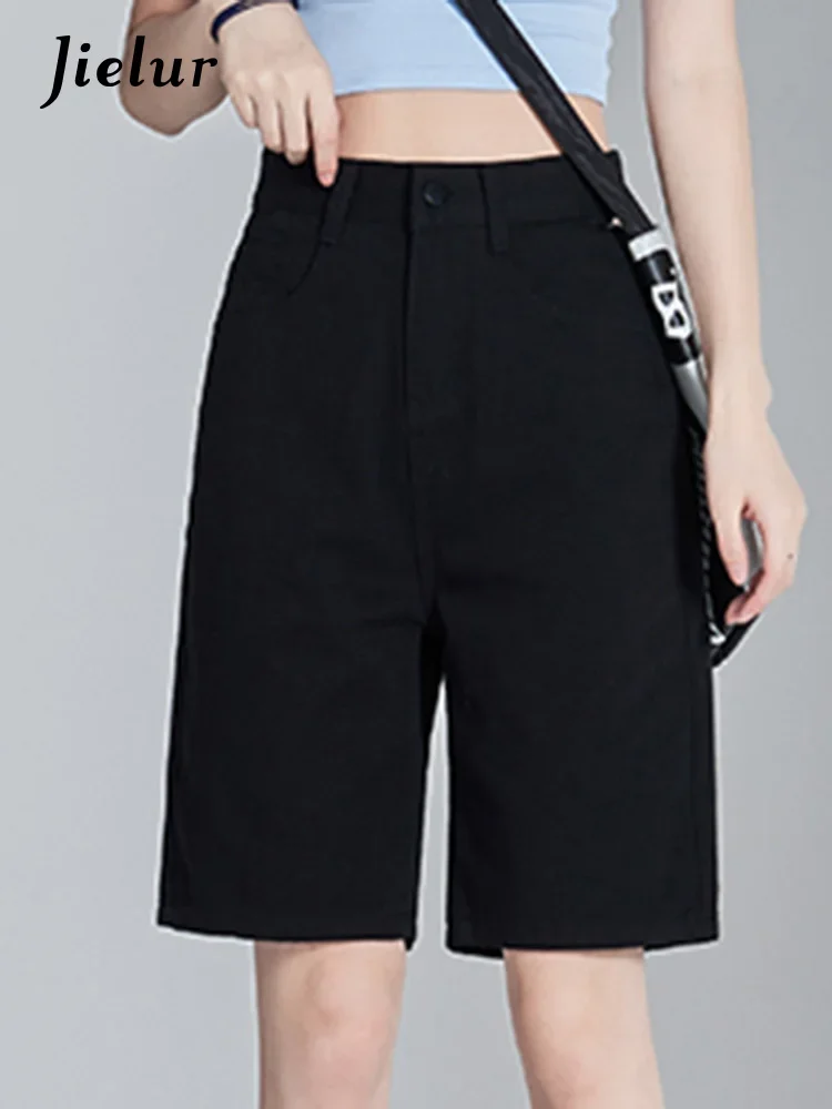 

Jielur Black High Waist Straight Female Denim Shorts Summer Slim Loose Solid Color Casual Women’s Shorts Simple Basic Streetwear