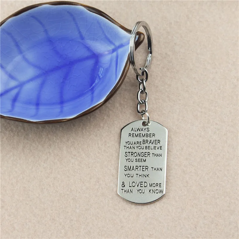 Silver Color Tag Pendant Key Chain Always Remember You Are Braver Than You Believe Stronger Than You Seem Smarter Unisex Keyring