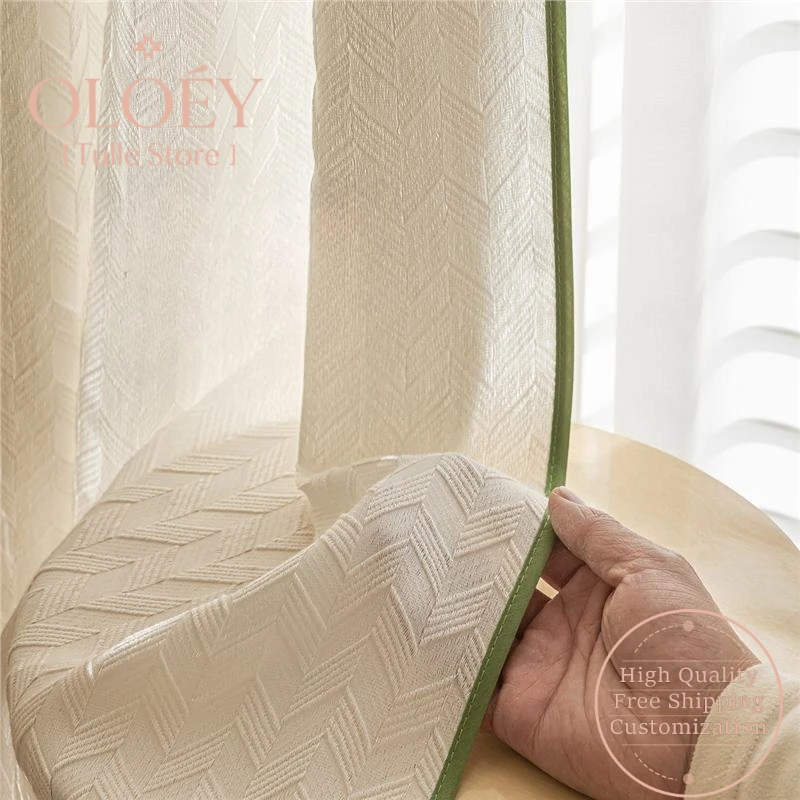 

French Cream Beige Sheer Curtains for Living Room Bedroom Bay Window Balcony Green Edge Small Fresh Style Light Filtering Drapes