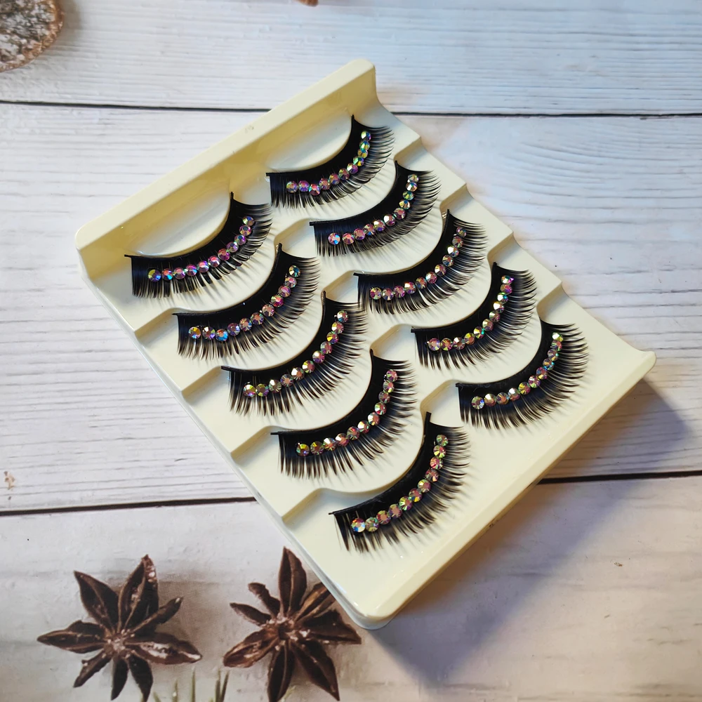 5 ペアメイクアップダイヤモンドつけまつげ長く厚い輝くダイヤモンドまつげパーティーショーキャットウォークハロウィンクリスマスラテンまつげ