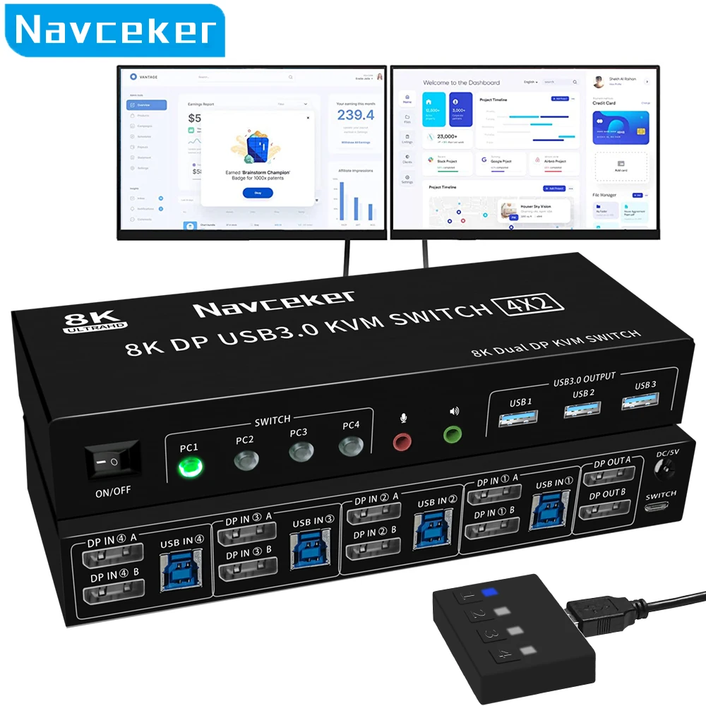 8K DP KVM USB 3.0 przełącznik 4x2 podwójny Monitor 4K 144Hz rozszerzony wyświetlacz Displayport przełącznik 4 w 2 Out dla 4 PC udostępnianie