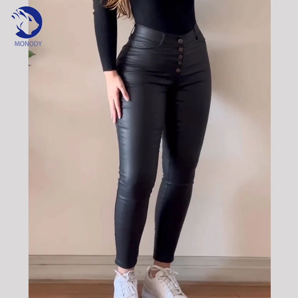 

Fashion Women Black Pu Pants Mid Waist Leather Sexy Leggings Trousers Women Stretch Pantalon Elasticity Pants