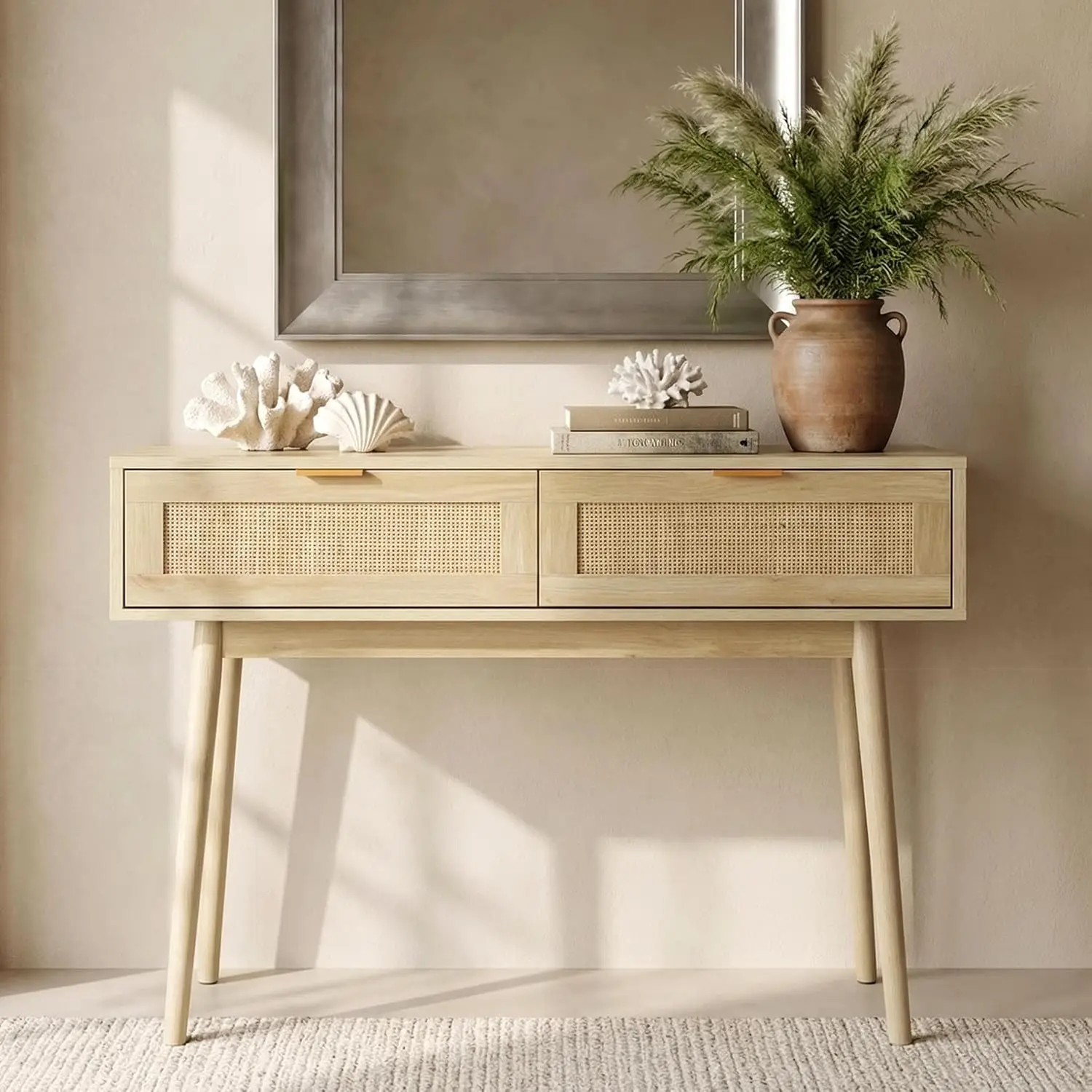 2-Drawer Rattan Console Table with Modern Bohemian Design, Narrow Entryway Sofa Table for Living Room, Hallway or Office