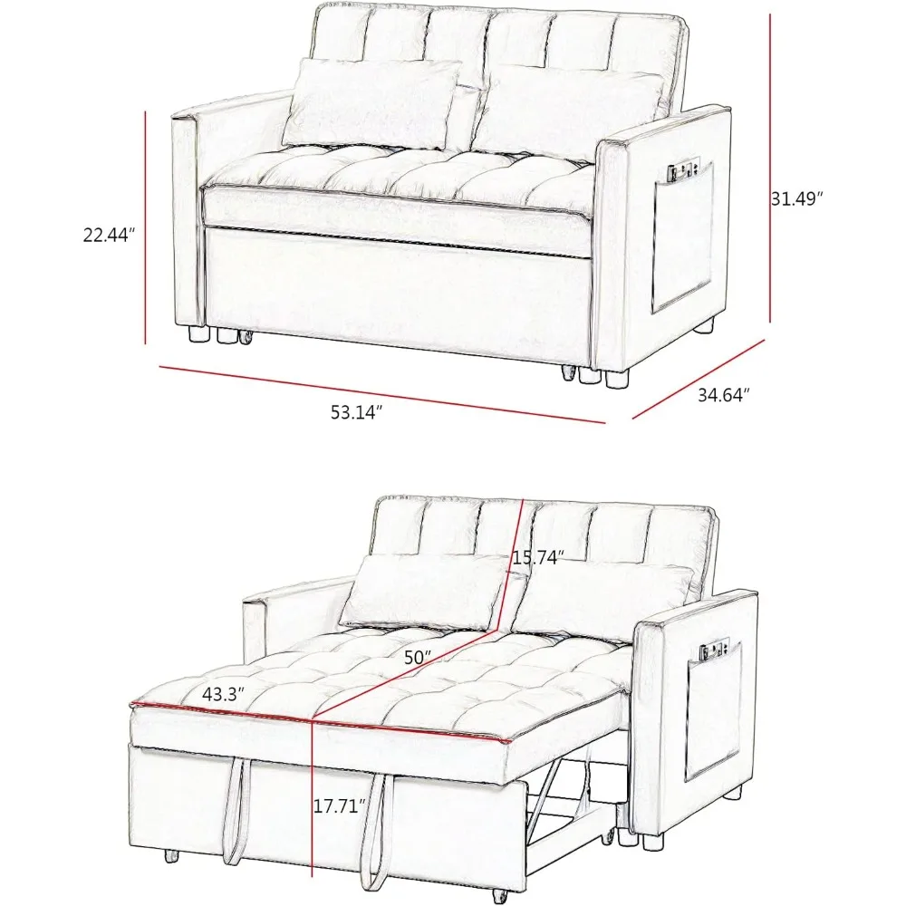 أريكة سرير قابلة للتحويل 53 مع مسند ظهر قابل للتعديل، كرسي، وسائد، تخزين جانبي - أثاث غرفة المعيشة الوظيفية الأنيقة #2