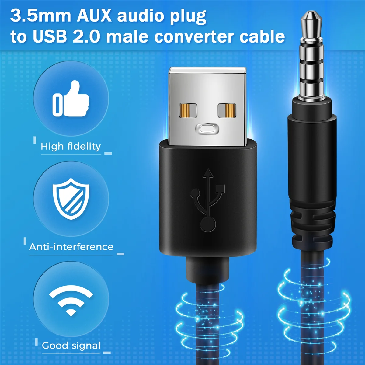 New 3.5mm Plug AUX Audio Jack to USB 2.0 Male Charger Cable Adapter Cord for Car MP3
