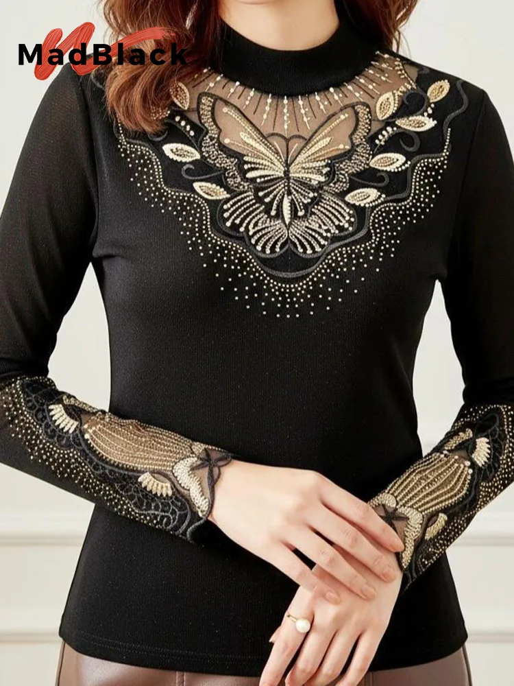 

MadBlack-Женская европейская футболка, сексуальная водолазка с ромбовидной вышивкой, уличная тонкая футболка с длинными рукавами S-2XL, осень 2021, T5O503CC