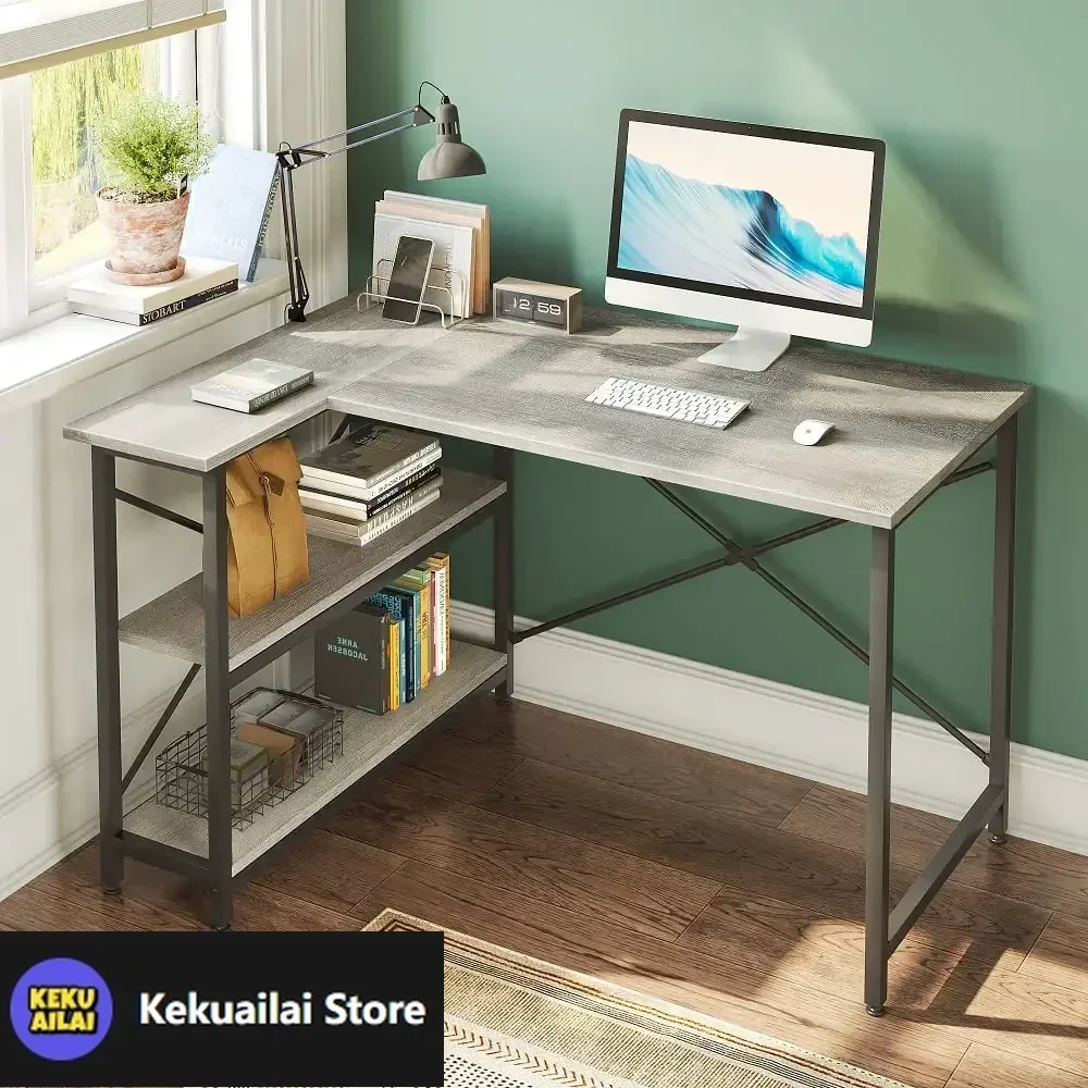 

47-дюймовый угловой L-образный стол с полками для хранения Письменный стол Серый
