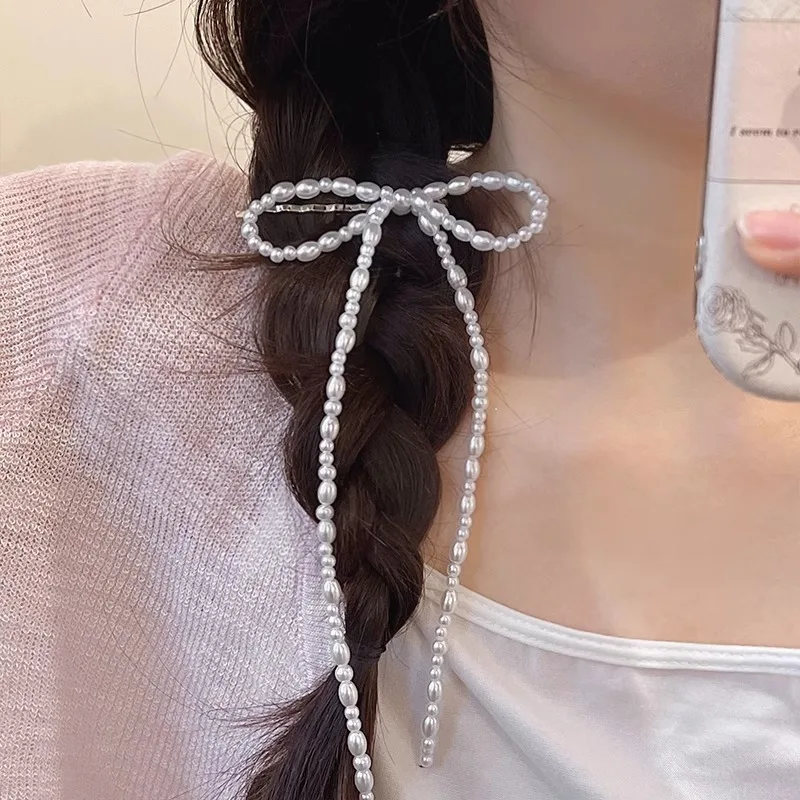 

Korean Sweet Girl Handmade Pearl Bow Tassel Hairpin Women'S Hairstyle Decoration Duckbill Clip Cute Hair Accessory