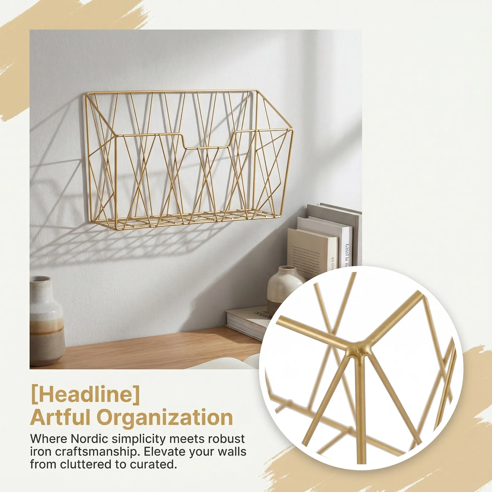 Gold Wall Mounted Magazine Rack Metal Hanging Organizer Decorative Holder for Office Home Storage Newspaper File Display