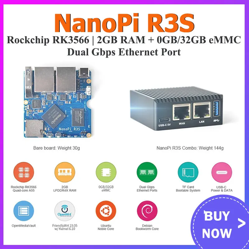 

NanoPi R3S мини-роутер Rockchip RK3566 2 Гб ОЗУ + 0 ГБ/32 ГБ eMMC двойной сетевой порт плата Demon