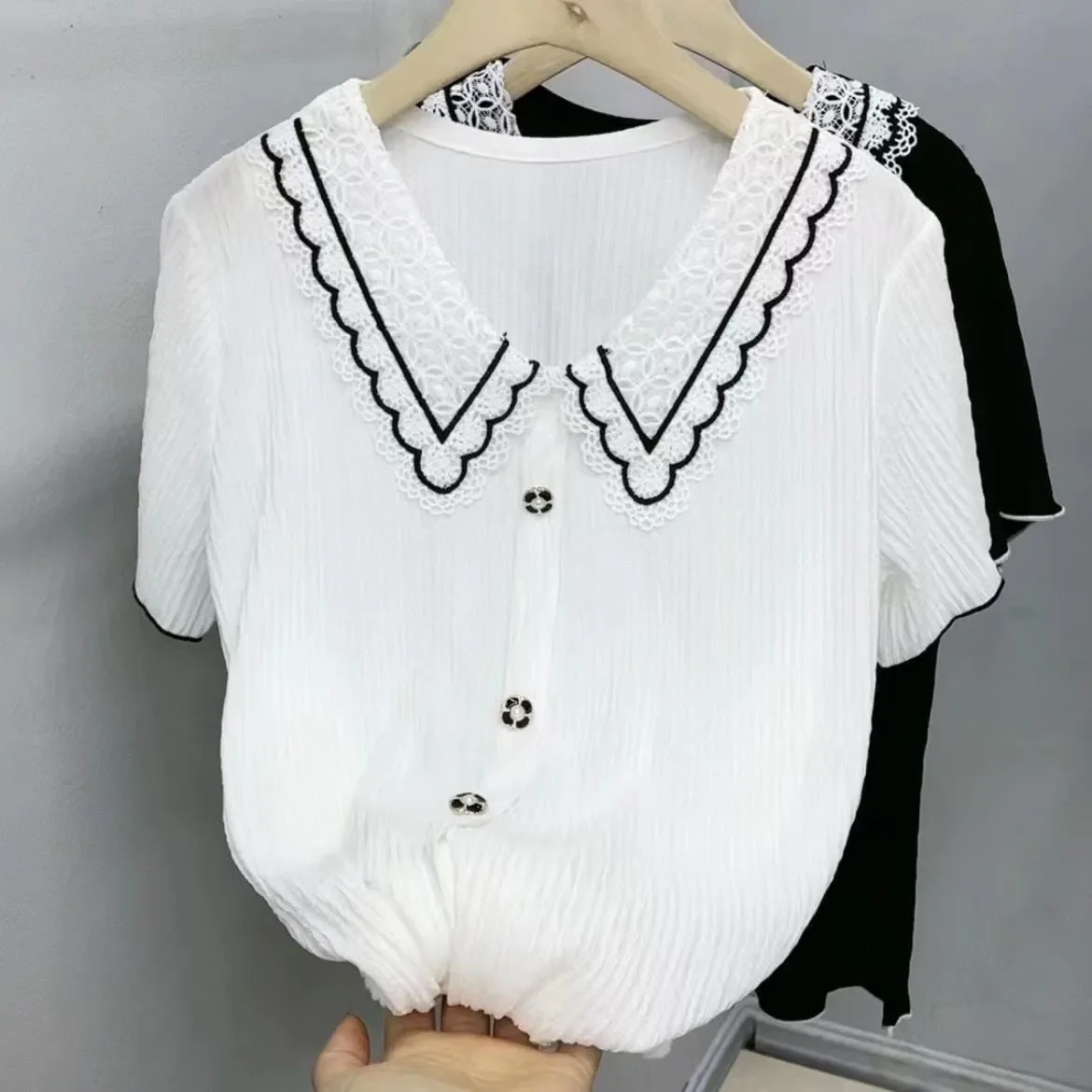 

White Lace Trim Sailor Collar Short Sleeve Blouse Loose Fit Women Casual Top Summer Fashion