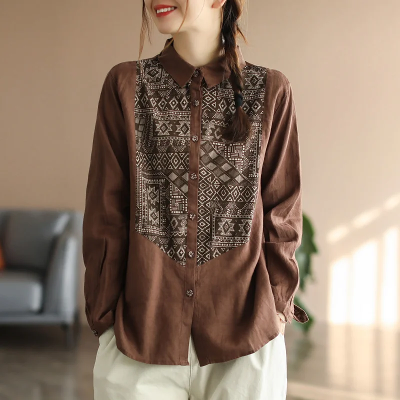 

New Cotton Linen Shirt Literary Retro Patch Printing Splicing Design Loose Slim Long-sleeved Shirt Women