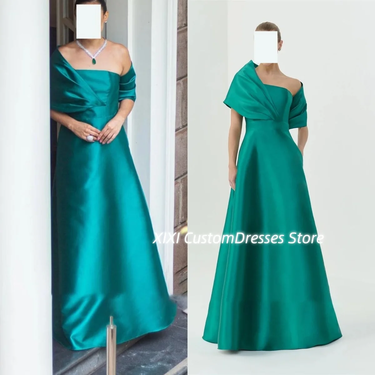 

Customized Dubai Luxury فساتين سهرة Green One-Shoulder Flowers Floor-Length Short Sleeves Formal Occasion Dresses Zipper Up Prom