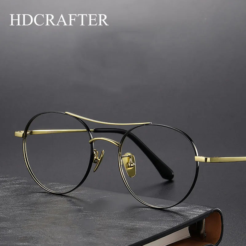 

HDCRAFTER Vintage Titanium Eyeglasses Frame Men Women Round Myopia Prescription Glasses Retro Optical Glasses Reading Eyewear