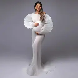 Maternity Dresses for Photoshoot Popular White Pleated Puff Sleeve Off Shoulder Sheer Maternity Gown Photography Pregnancy Dress