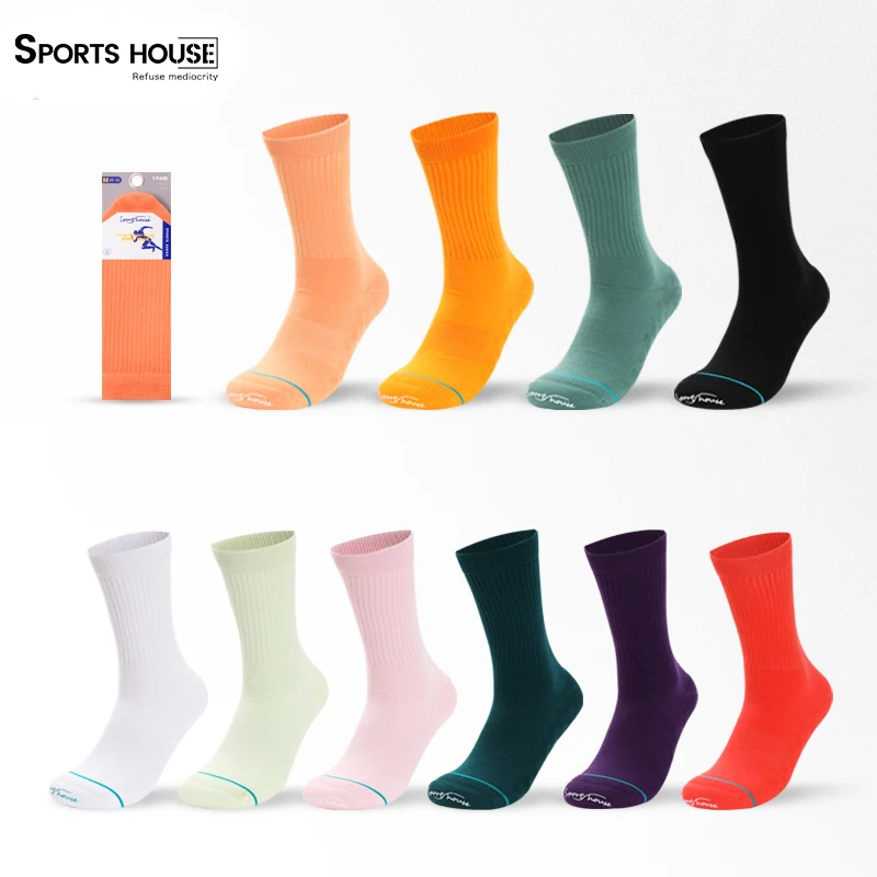 SPORT\'S HOUSE Men\'s mid-tube sports socks Towel bottom candy color solid color breathable non-slip high elastic cotton socks