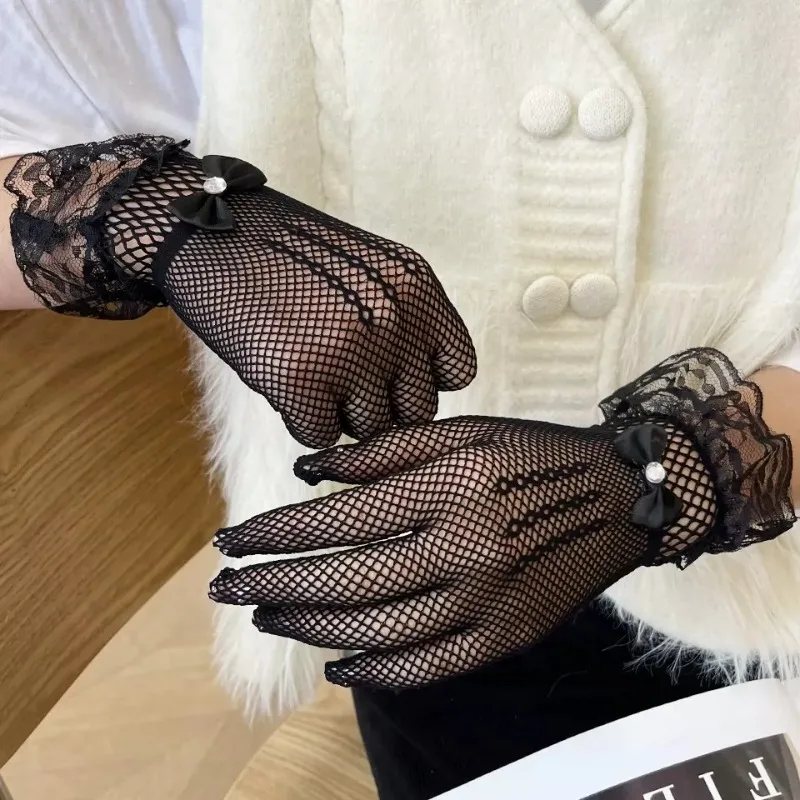 Women Black White Summer UV-proof Driving Gloves Female Sexy Thin Fishnet Mesh Gloves Fashion Ruffle Full Finger Lace Mittens