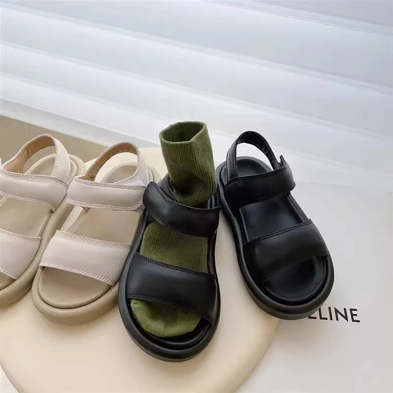 

Детская повседневная обувь, сандалии из искусственной кожи, летняя обувь для девочек, дышащая нескользящая обувь на липучке, бежевая, черная обувь, размер 23-37