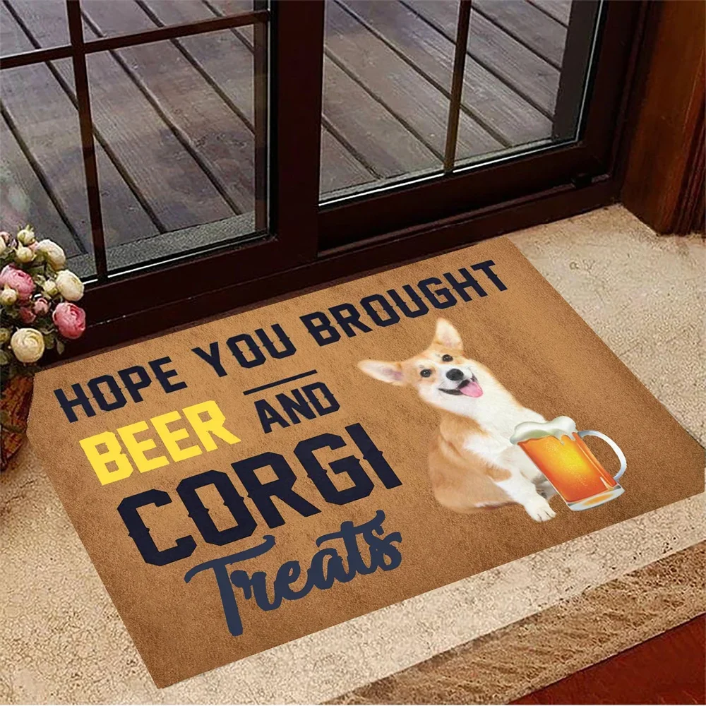 

CLOOCL Hope You Brought Beer And Corgi Treats Doormat Hilarious Doormats Gifts For Corgi Lovers 3D Anti-slip Absorbent Doormat