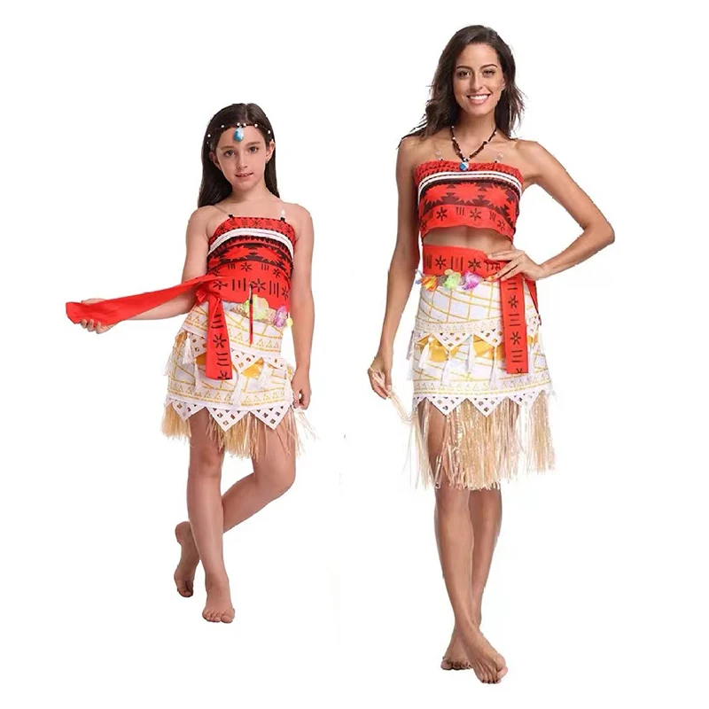 Kids Cosplay Vaiana Moana Princess Costume Dress Adult Necklace Wig Girl Halloween Party Moana Dress Costume Cosplay