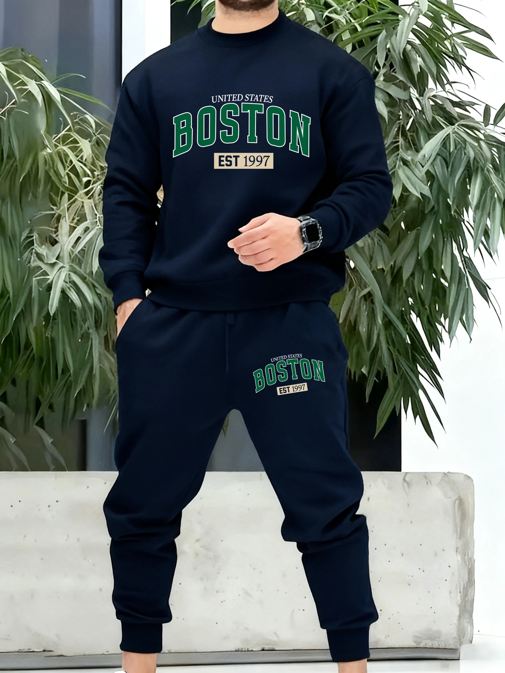 United States Boston Est 1997 Print Men Retro Tracksuit Simple Fleece Pants Autumn All-Match Loose Sportset Unisex Fashion Suits