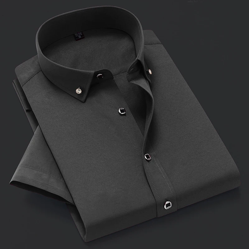 Men Short Sleeve Dress Shirt Summer Non-iron Solid Color Basic Business Formal Stretch Soft Wrinkle-resistant Office Tops NS5843