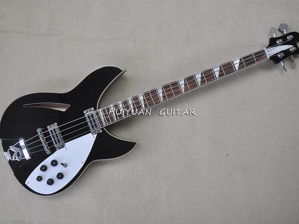 4 Strings Black Semi-hollow Electric Bass with Rosewood Fretboard,White Pickguard,Can be Customized