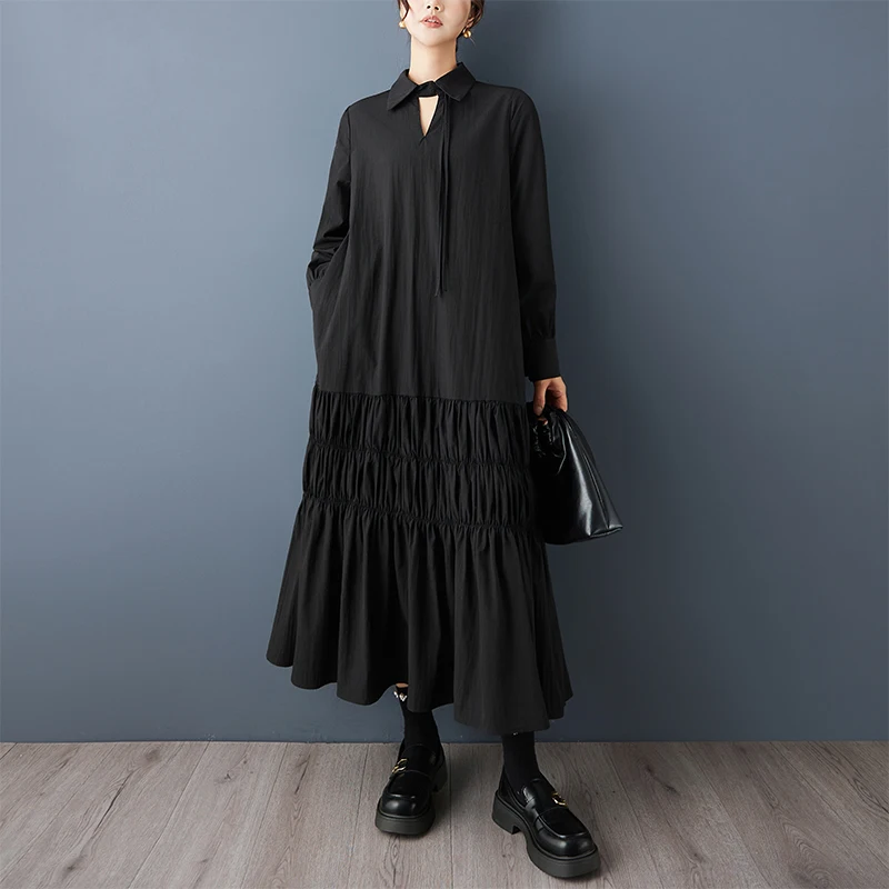 Elegant Dark Fashion Long Dress with Sash Drifting Style Simple Match All Seasons Women's Clothing Commute Style Long Sleeve