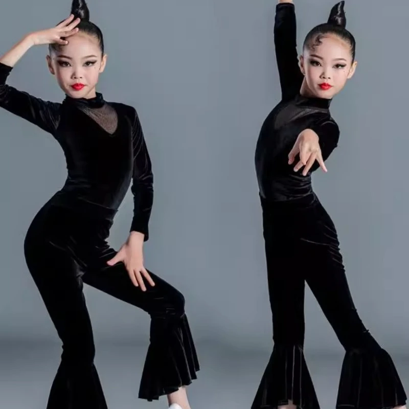

Детское платье для латинских танцев, тренировочное платье с длинными рукавами, профессиональный художественный экзамен, танцевальный конкурс, разделенный комплект