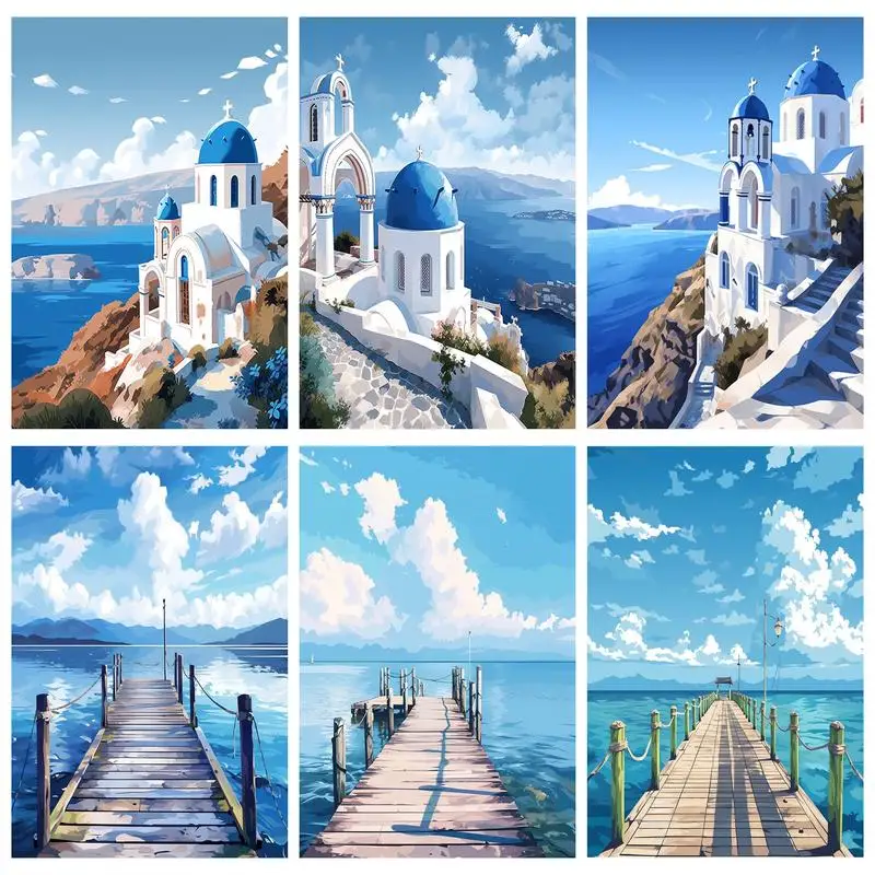 RUOPOTY Landscape Painting By Numbers Modern Picture Blue Houses By The Seaside Acrylic Paints Kits For Living Room Decoration P