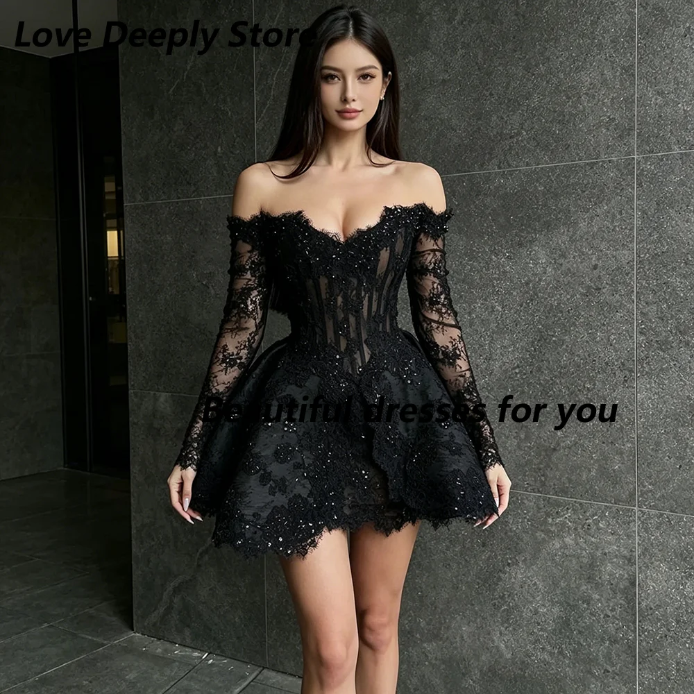 Black Lace Mini Cocktail Dresses for Woman Customized Sweetheart Neck 3/4 Sleeves Beading Luxury Prom Party Gowns 2026 image 4