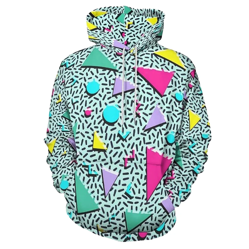 Mens 80s Hoodie 3D Sweatshirt Cartoon Pattern Print Streetwear Hooded Hoody Vintage Ski Cool Hooded Halloween Party Tops