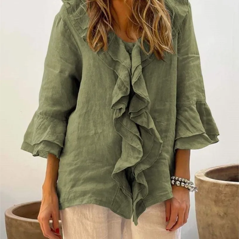 

Spring Autumn New Women's Sexy V-neck Solid Color Ruffle Single Row Multi Button Cardigan Casual Long Sleeve Top Ropa Mujer