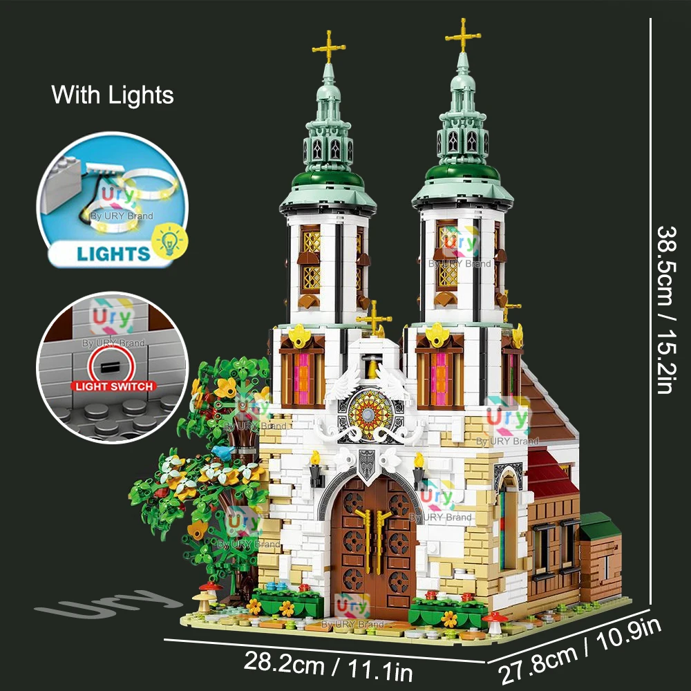 City Street View St. Andrew's Church Creator Ideas LED House Modular Architecture Model MOC Building Blocks Toys Gifts for Kids